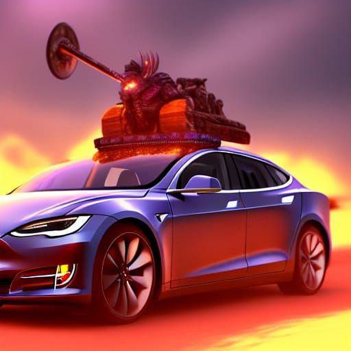 Vikings driving a Tesla