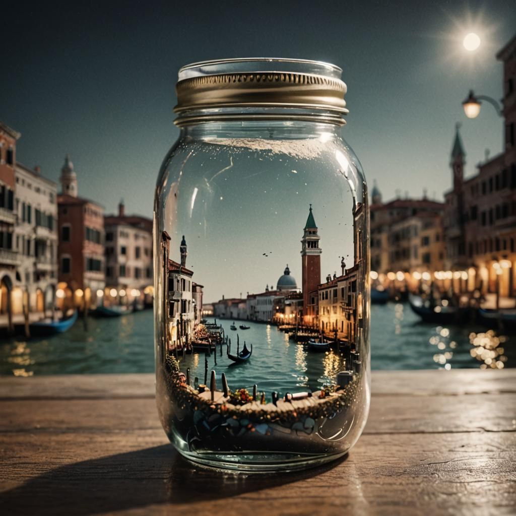 a highly-detailed photo-realistic digital photo of a mason jar with a tiny miniature scene of  venice, ...  by @yann de tod