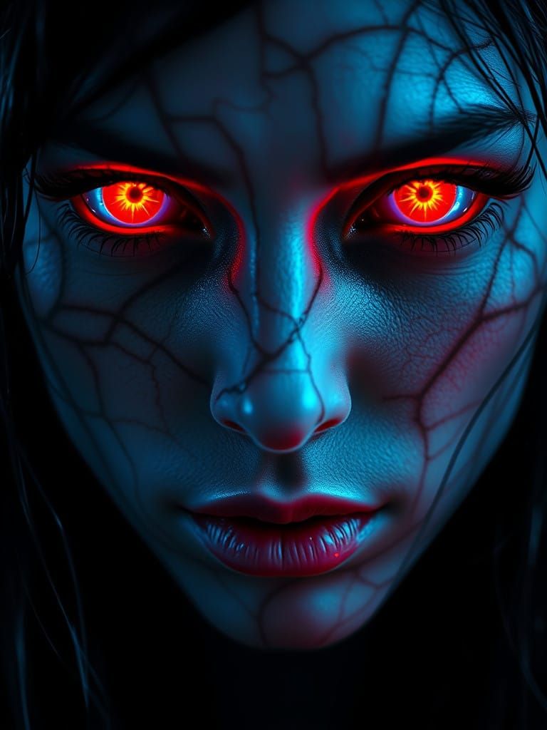 Woman with Glowing Red Eyes in Dramatic Lighting