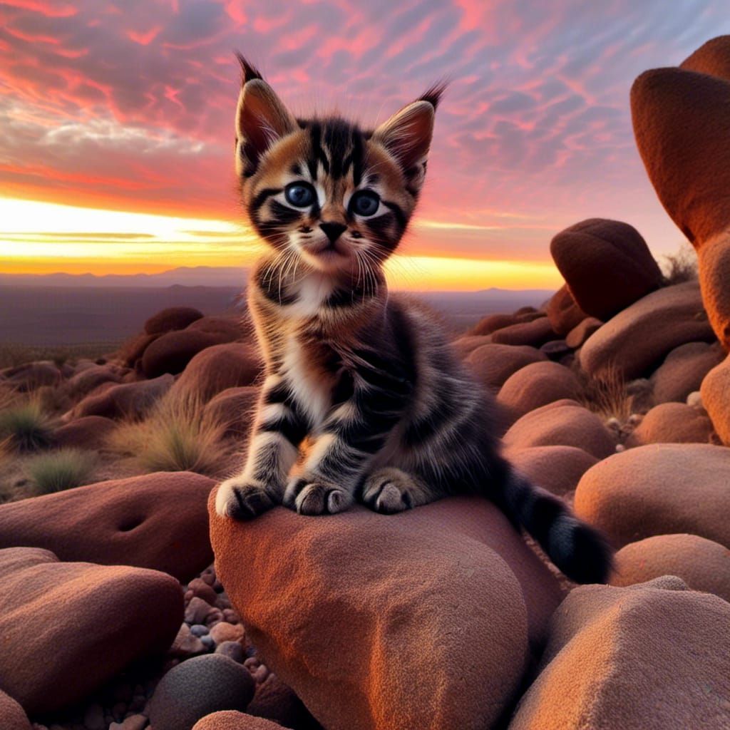 <lora:Mixperiment 2:1.0> A Grumpy Kitten sitting on a rock, stunning desert sunset. Endless landscape view.