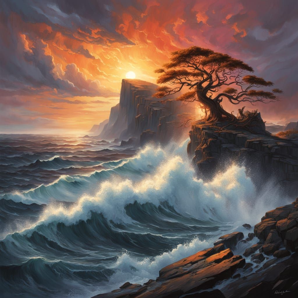 
The picture shows a massive cliff overlooking an endless sea. The sun sets at the horizon, flooding the water with waves of gold and fire. ...