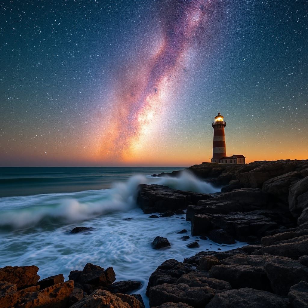 Lighthouse Under Milky Way in Astrophotography Style