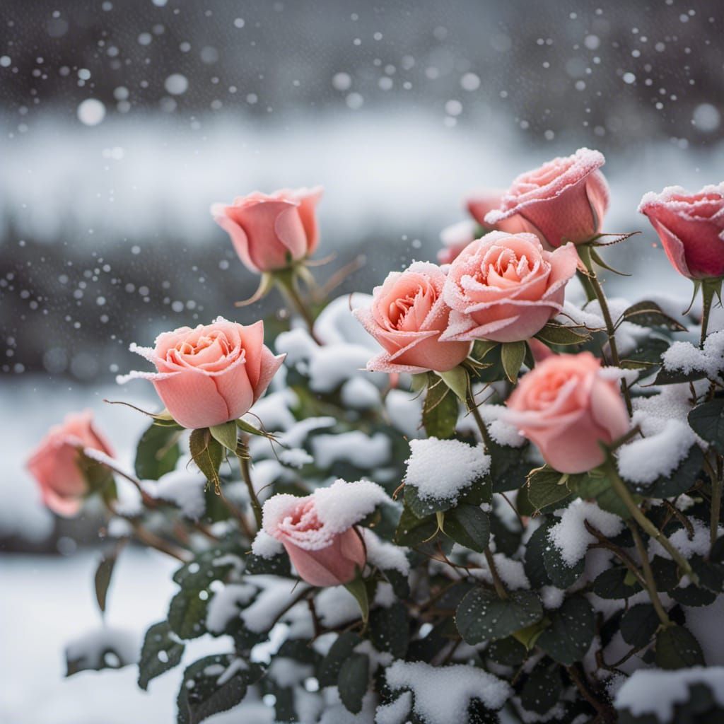 5 roses in snow - AI Generated Artwork - NightCafe Creator