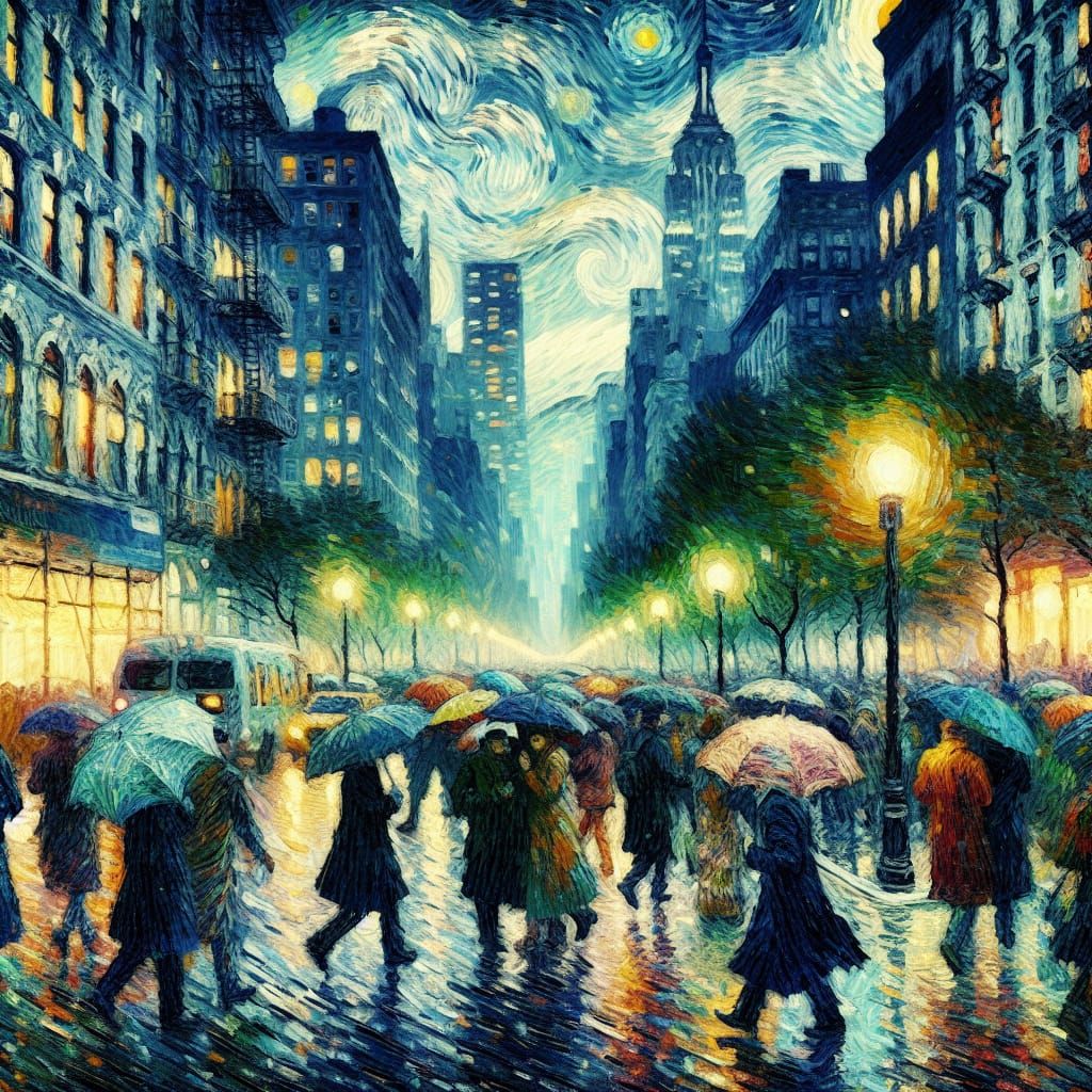 A street in New York city, on a blustery rainy night. People...