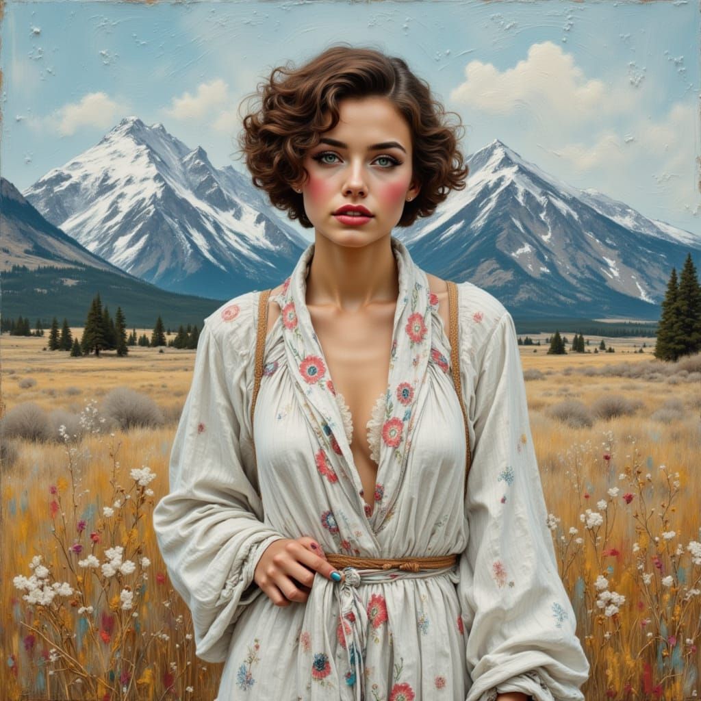 1950s Farm Cutie in Gown Amidst Montana Winter Landscape