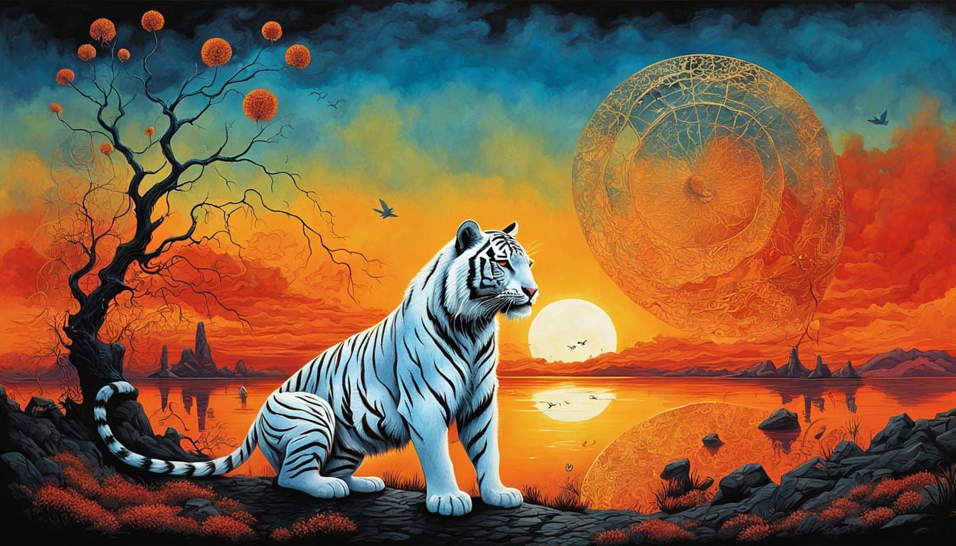 A white Tiger, kneels by a vibrant, swirling sunset, picking up shattered mirror fragments. Glowing, ...  by @Cristian