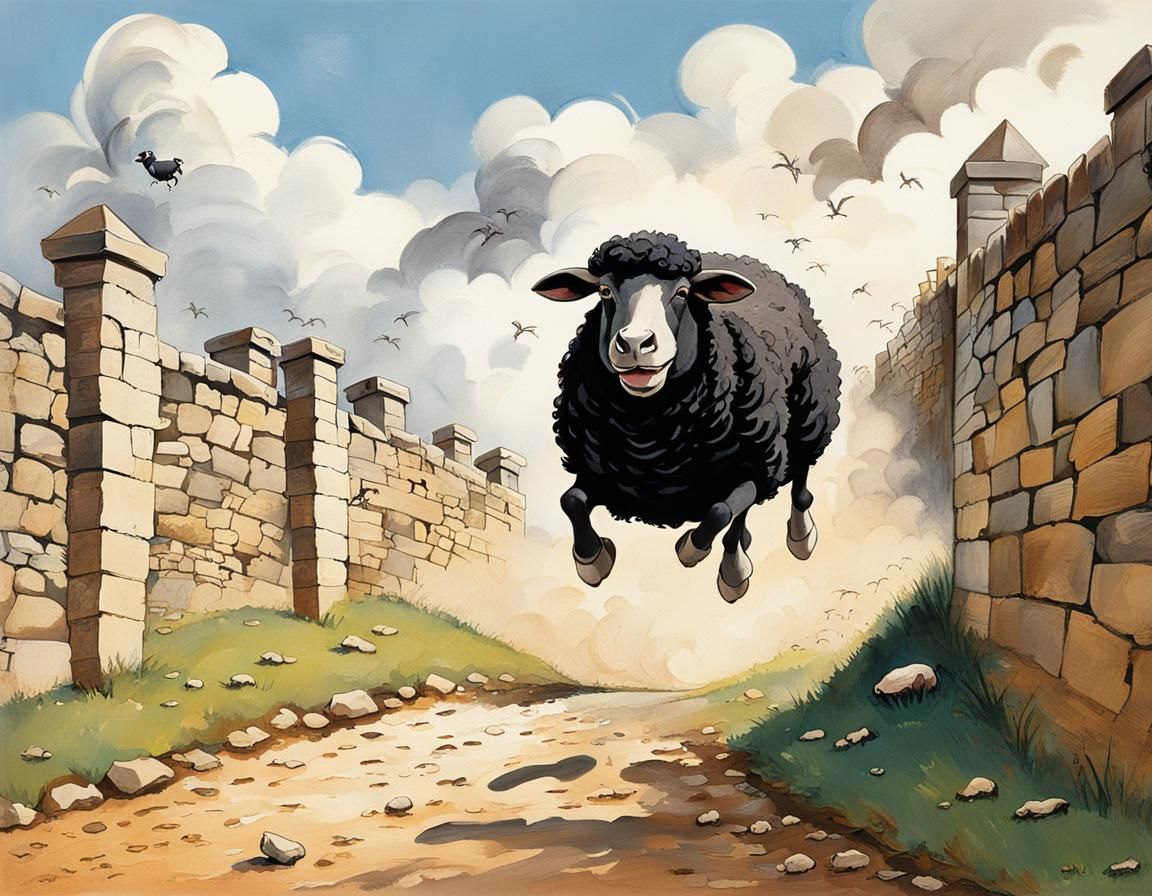 Baa Baa Black Sheep, galloping along a high stone wall, dust around the ...