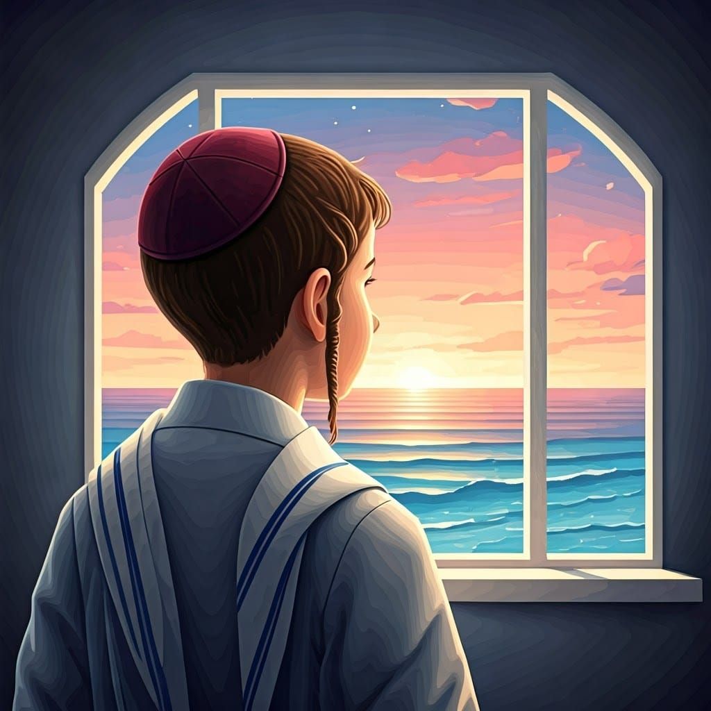 Boy Lost in Thought, Gazing at Seaside Sunset through a Larg...