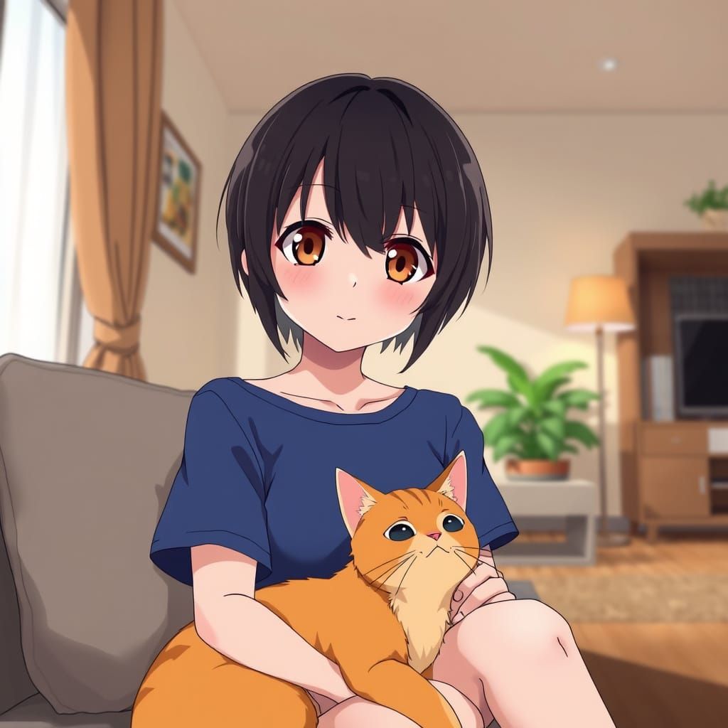 Anime Girl with Cat in Living Room