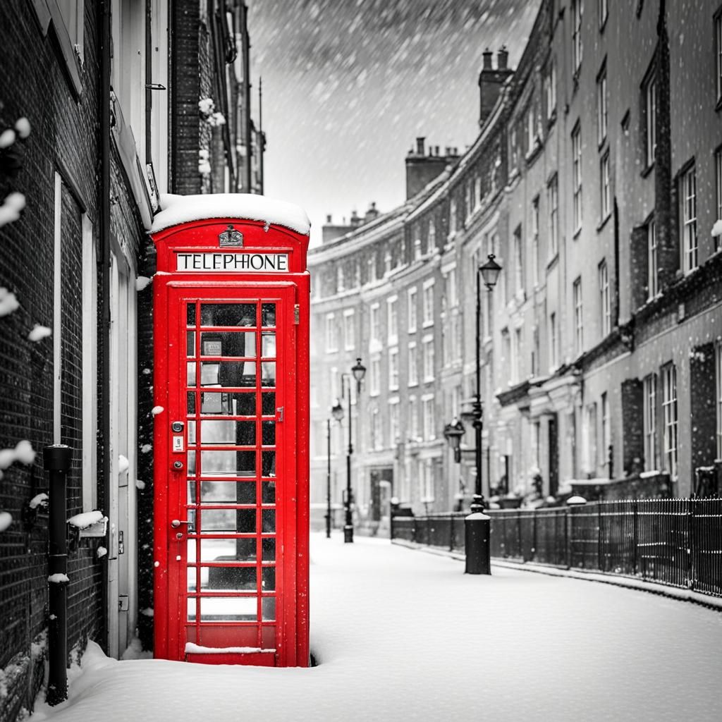 Red telephone box in a snowy  London street. colour splash