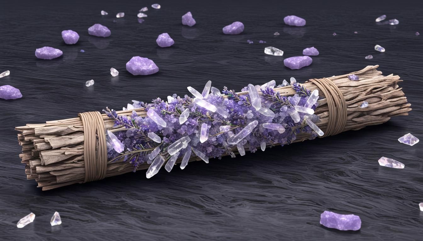 smudge stick, with lavender springs and clear quartz points,...