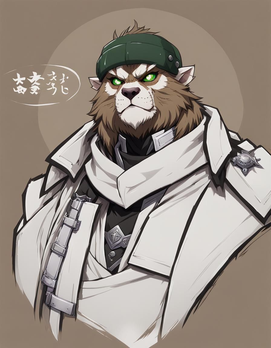 dnd male slim bugbear,short fur, green eyes, wearing arm and...