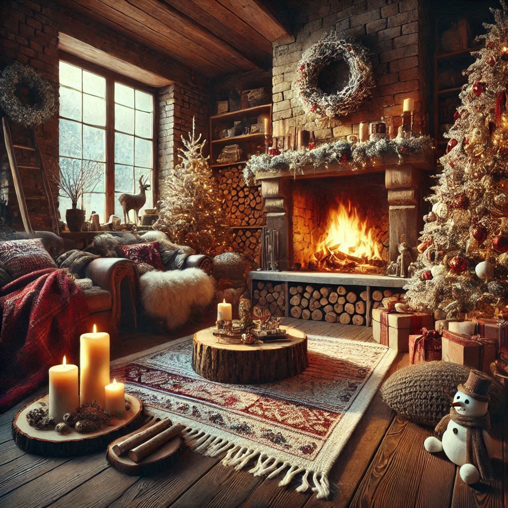 Cozy winter fireplace