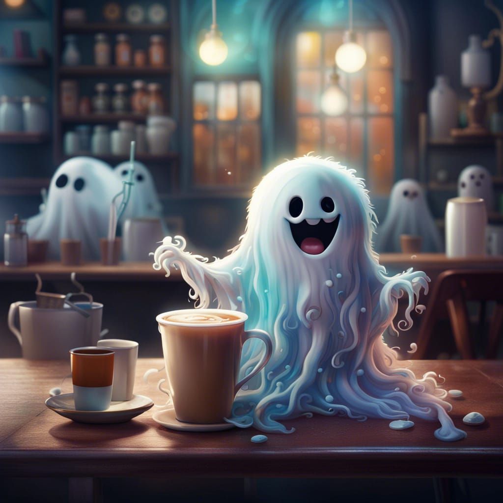 cute ghost in coffee shop  by @Beatrice