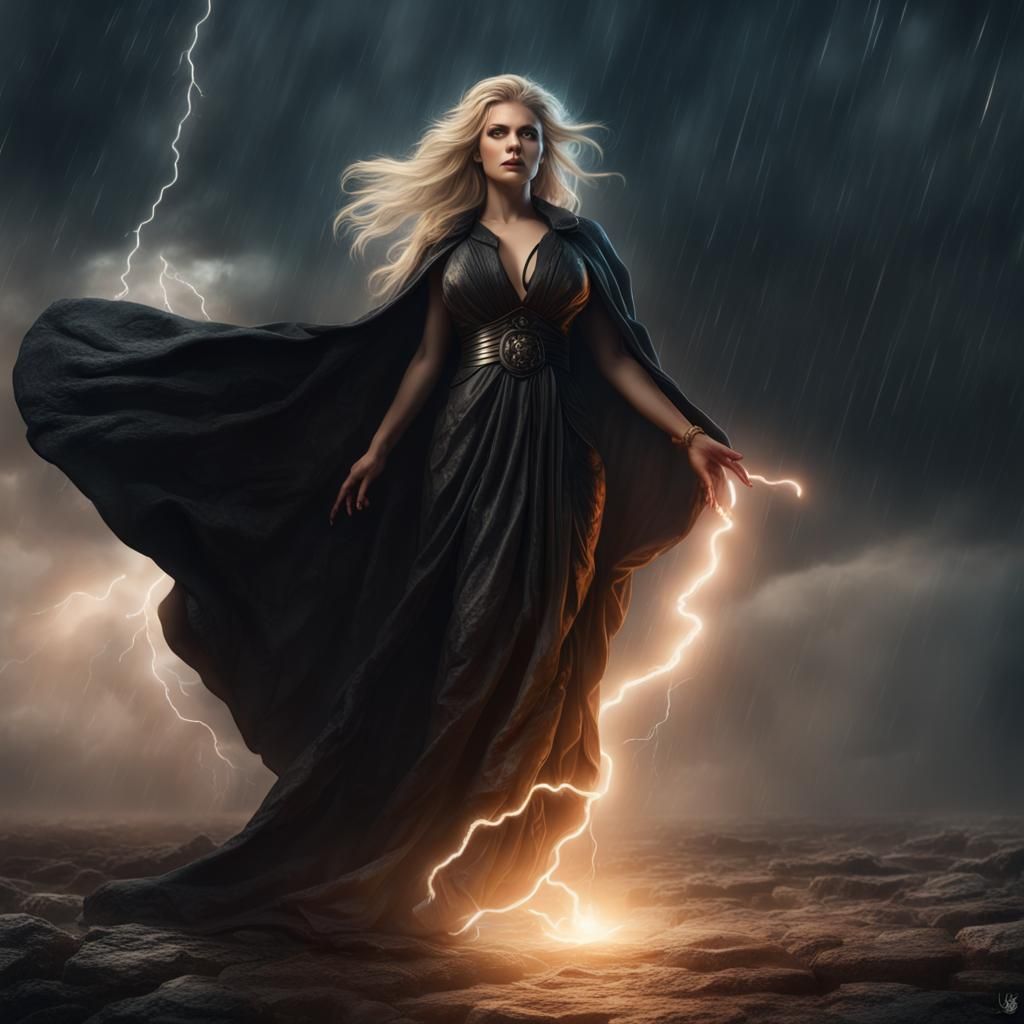 Beautiful Blonde Goddess Hecate Full Body Curvy Dressed In Black Robes Standing In The Lightning 1169