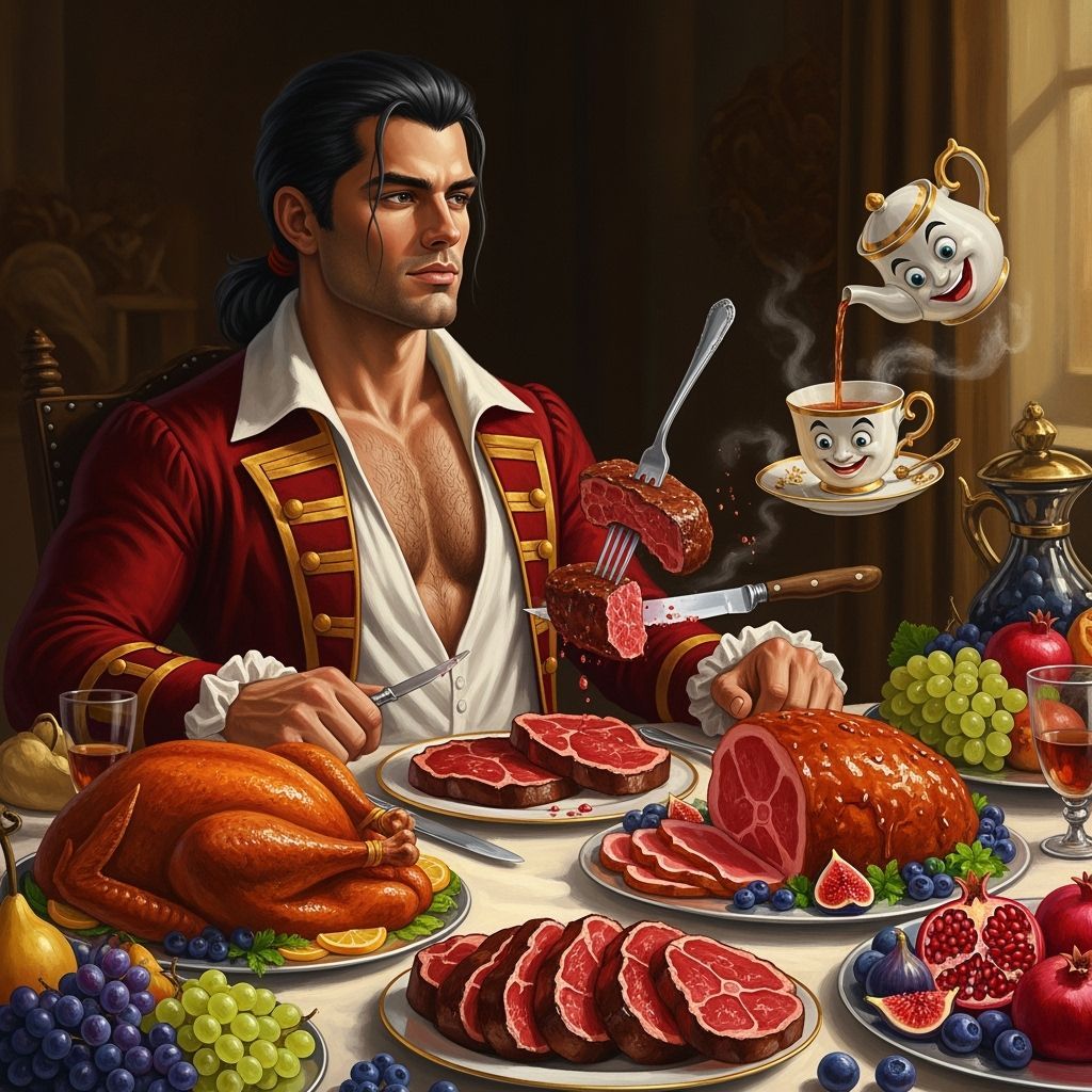 shirtless, muscular, handsome Gaston, with slick black shoulder-length hair tied in low ponytail, with moderate chest hair and forearm hair,...