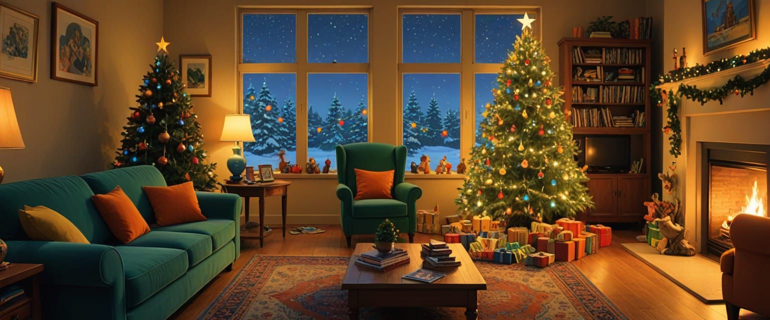 christmas at home, tree, presents, lights, bright, comic book style, moebius, ghibli, erin hanson, gouache, watercolor, mossy green, indigo ...