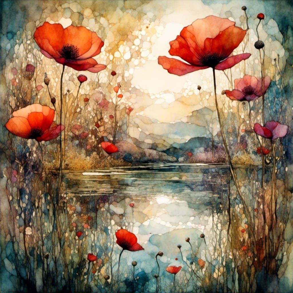 <lora:Liquid Ink:1.0> Merged double exposure layered image of beautiful delicate detailed reflections on the water, by S...