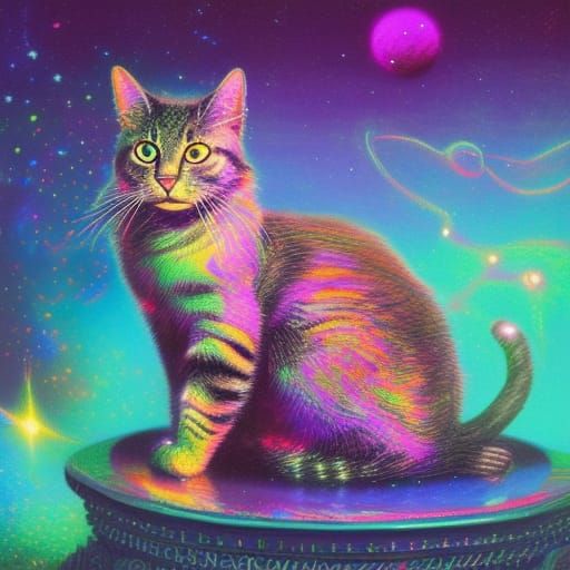 Psychedelic Cat 8k Resolution Holographic Astral Cosmic Illustration