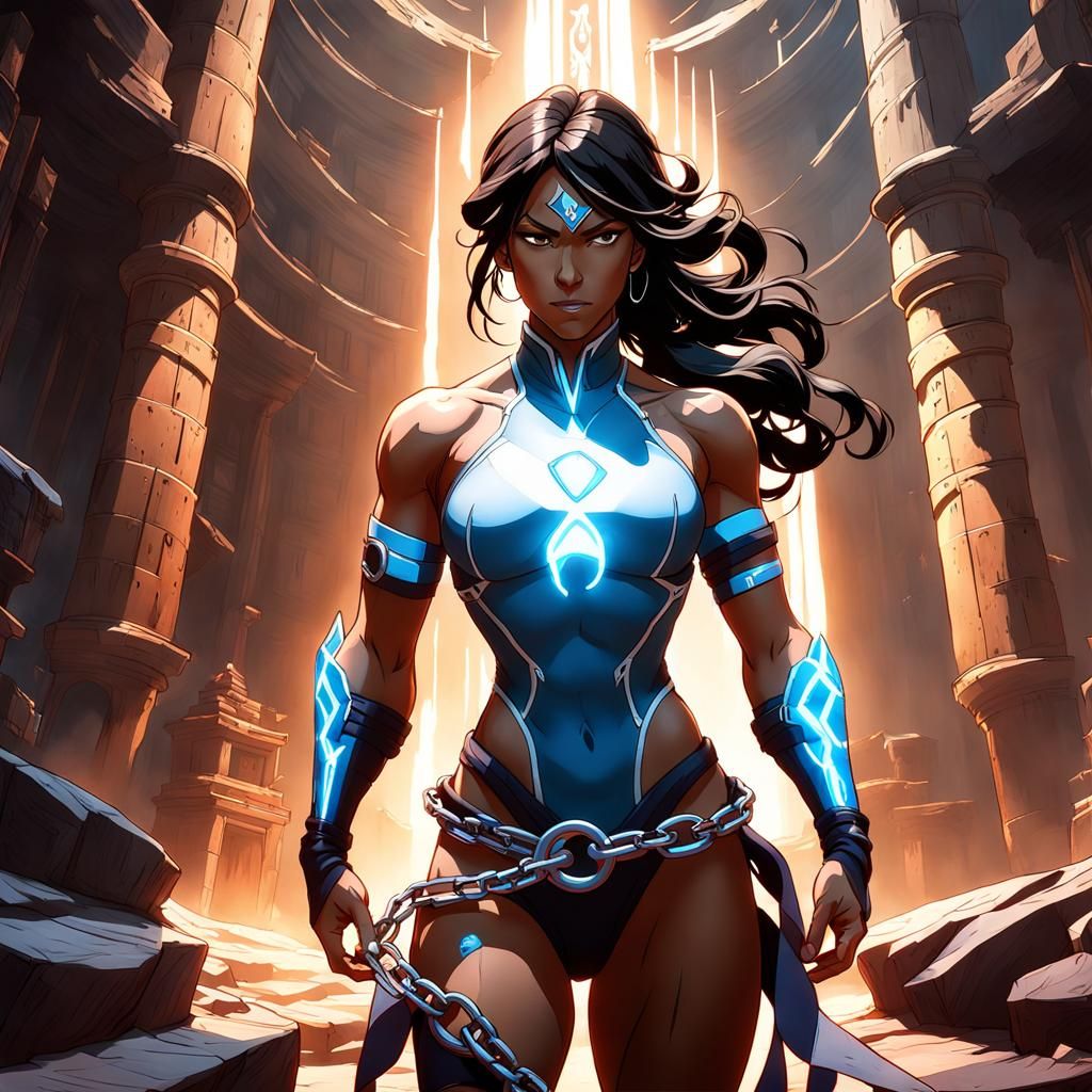 Beautiful muscular Avatar Korra, chained and captured in a d...