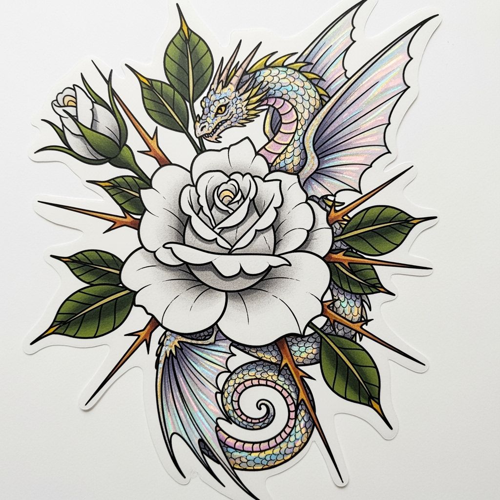 Flash tattoo sheet. Close-up. A stylized white rose blooms, its petals unfurling. The rose is surrounded ...  by @whiterose