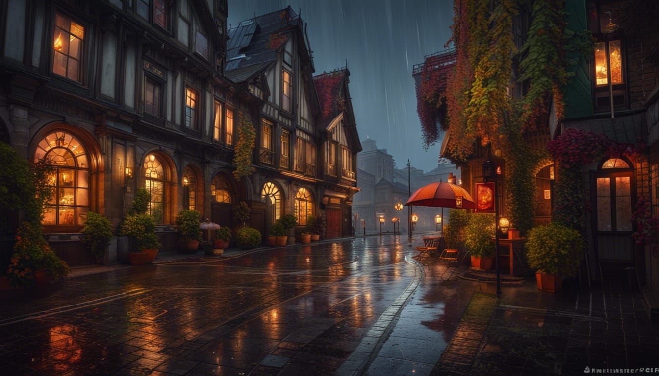 Rainy night in the old town - AI Generated Artwork - NightCafe Creator