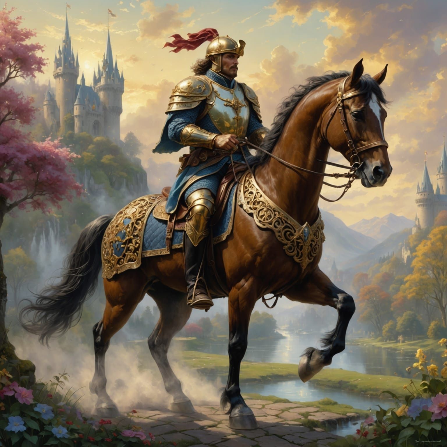 Golden Knight on Horseback: Ethereal Fantasy Art