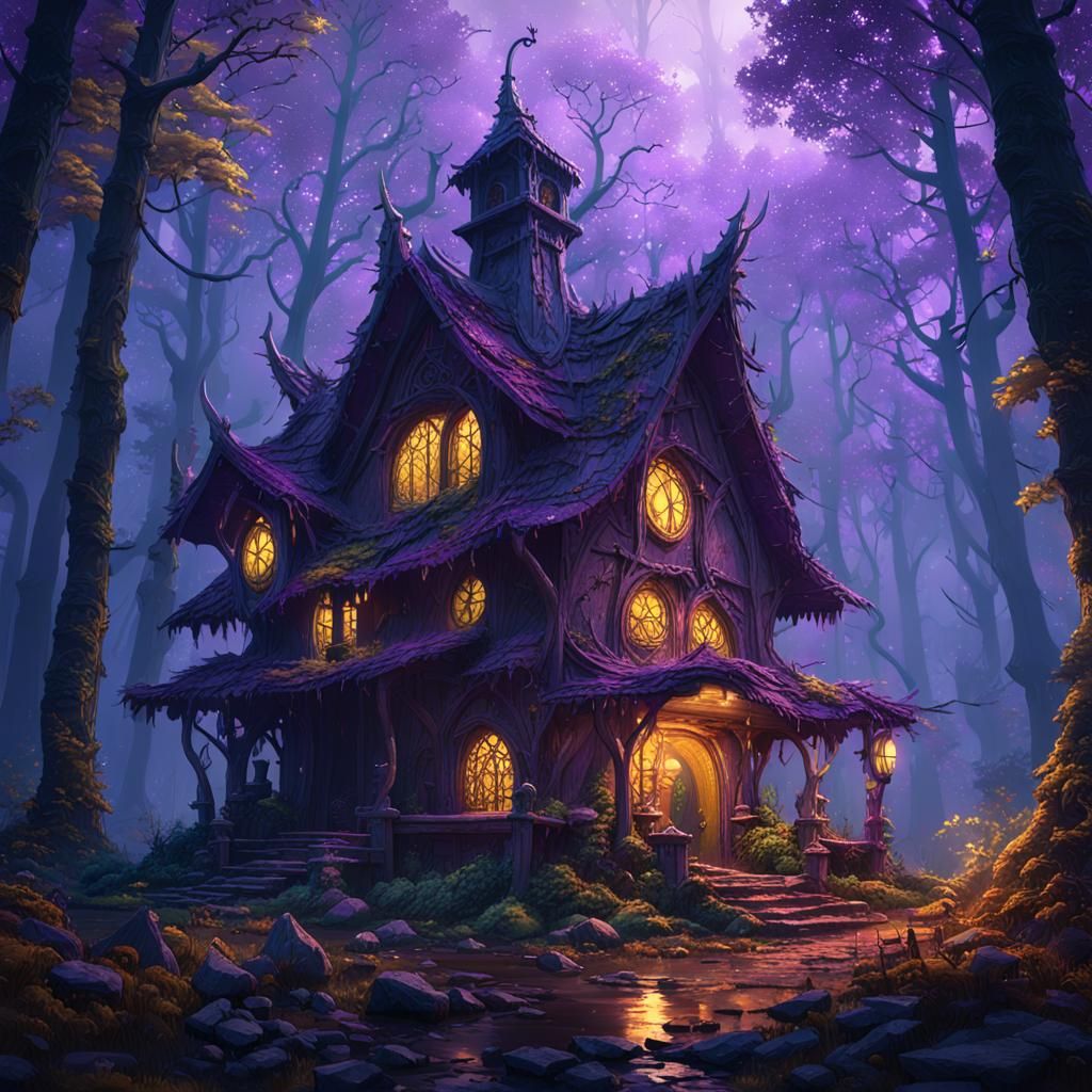 witches hut in the middle of a murky forest