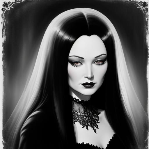 black and white photo portrait of Morticia Addams in the style of ...