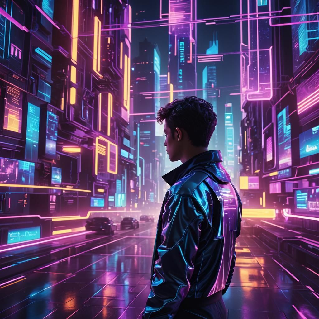 Futuristic Cityscape with Holographic Screen in Neon Light