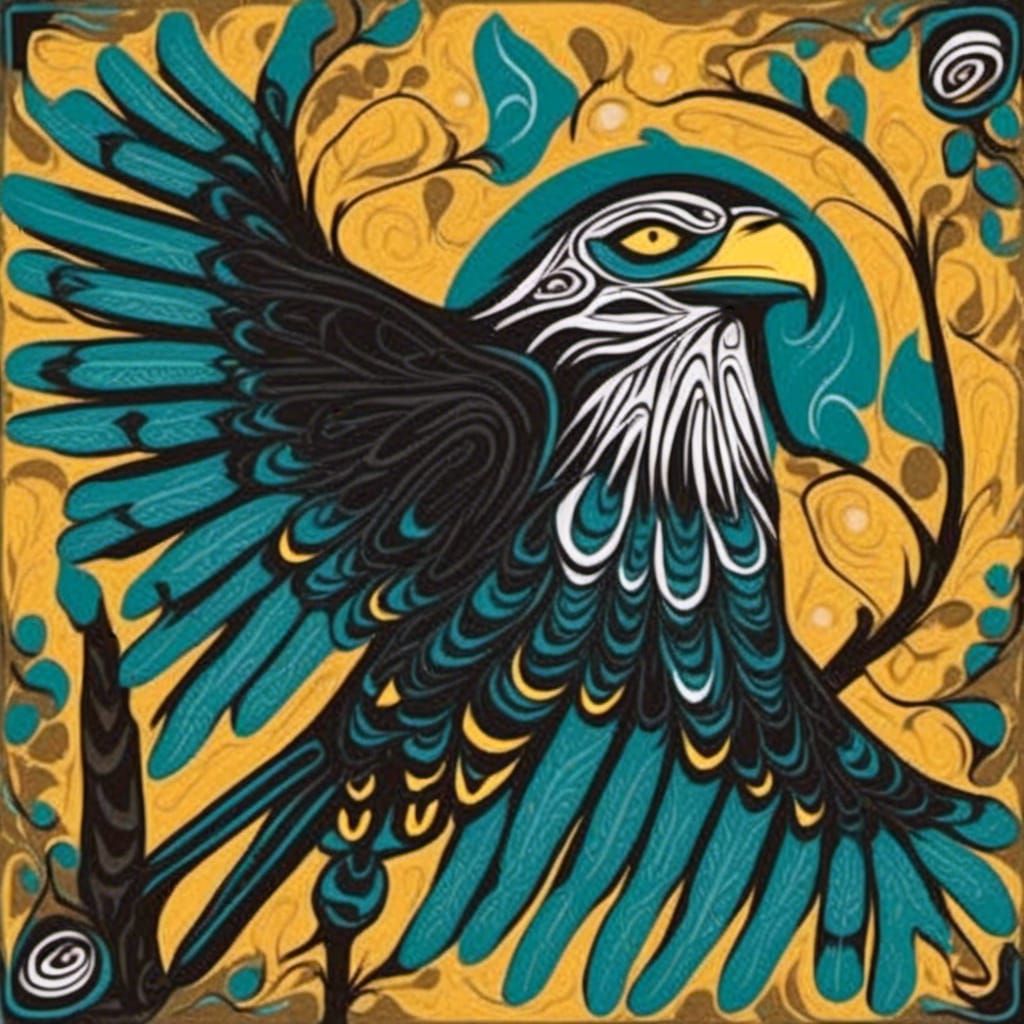 <lora:HaidaStyle:1.0> an eagle in Black teal and yellow Haida style 