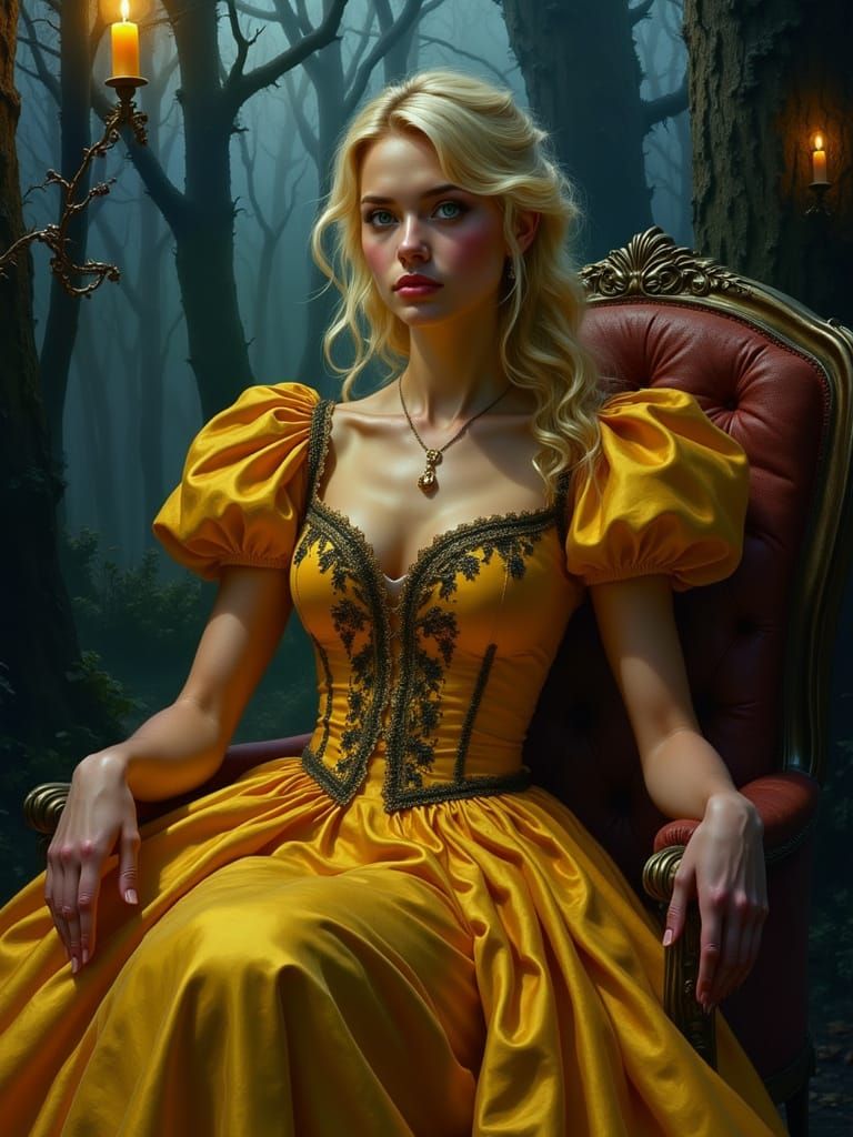 <lora:Women of Twilight:0.5>A regal blonde-haired woman with golden waves sits gracefully on an ornate chair in a misty gothic forest. She w...