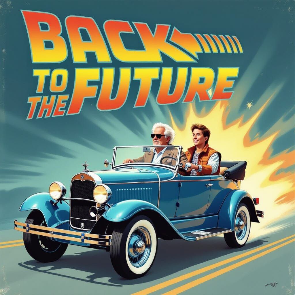 Poster for Back to the Future the movie. Dr. Brown drives a blue and white Model A Ford that takes grey-haired ...  by @Jakob Darkening