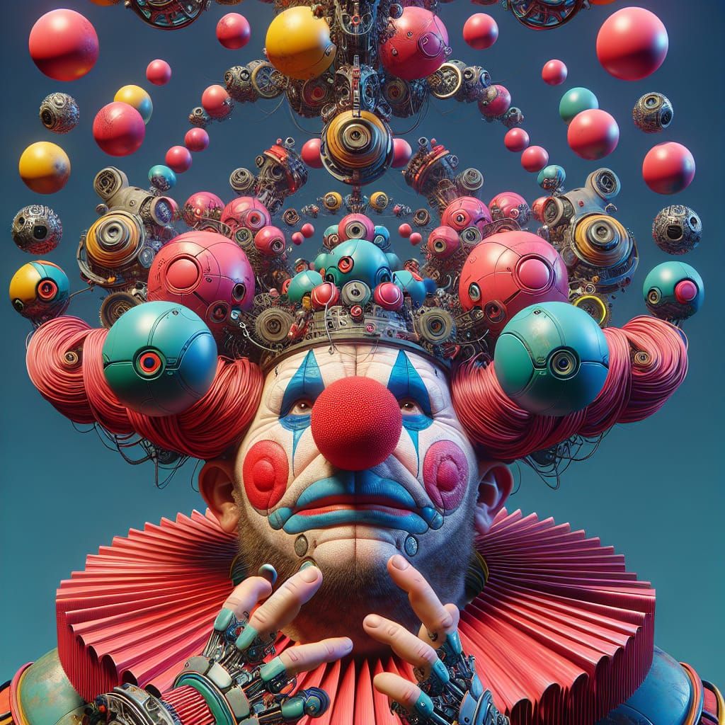a strange (clown) with (a large bulbous red nose), juggling ...