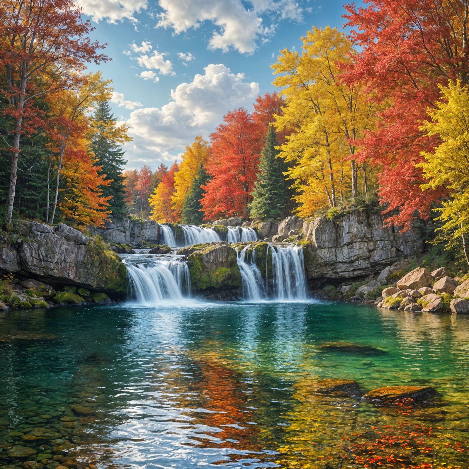 A majestic autumn waterfall cascading over moss-covered rocks into a crystal-clear pool surrounded by ...  by @Mog