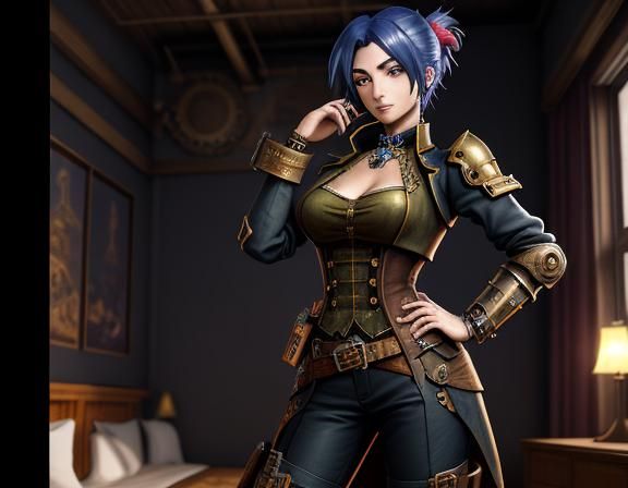 a steampunk anime woman in a bedroom