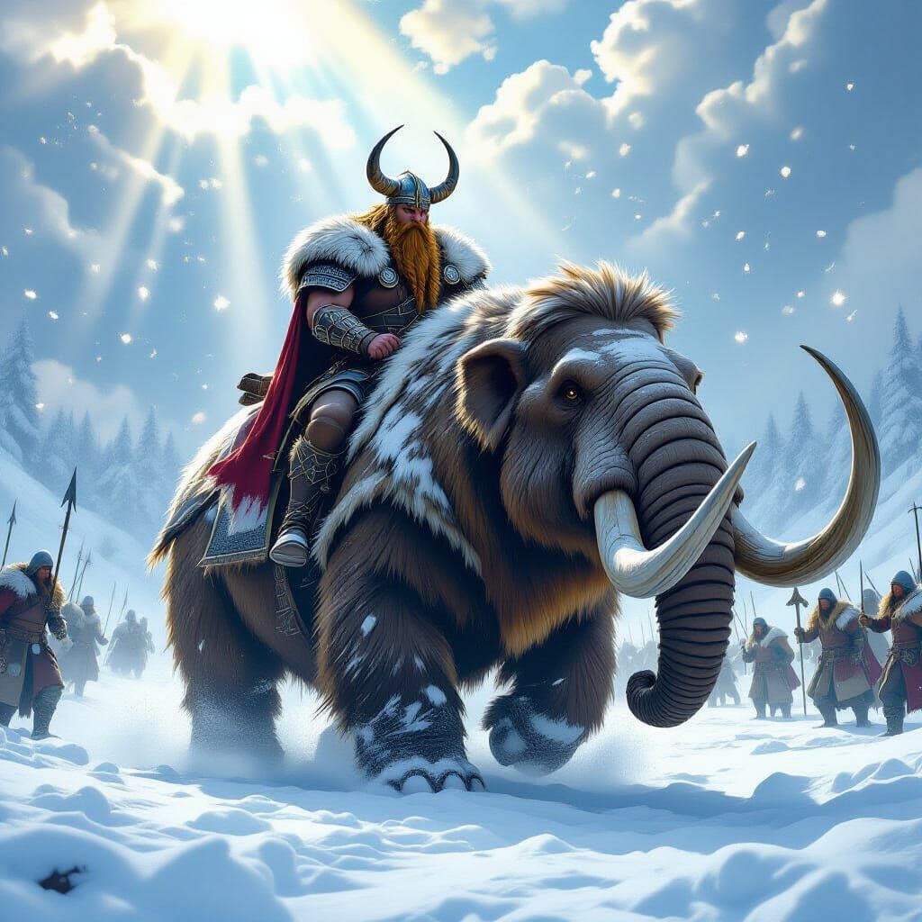 Long-bearded Viking warrior king riding a mastodon into battle in the winter. Photo realistic. 8K.  by @American Dreamer