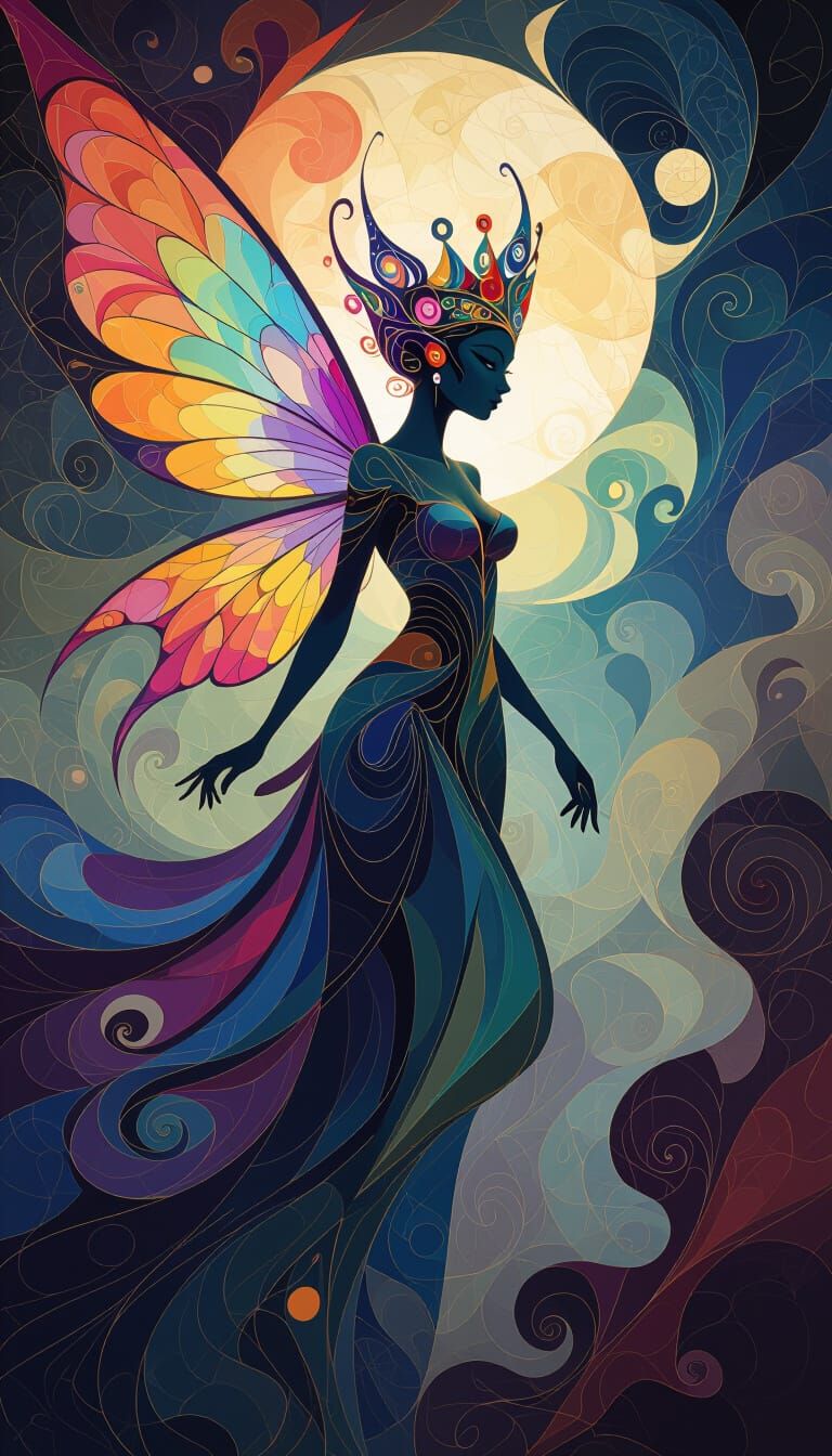 A highly abstract vibrante colors crown's fairy alien playin...