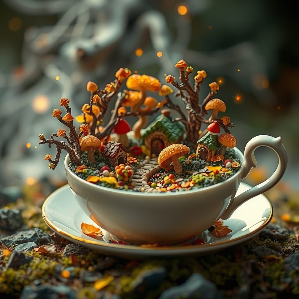 Miniature Fantasy autumn world inside a white teacup, autumn, mushrooms, fairy houses, river, fireflies, particles flying around, detailed f...