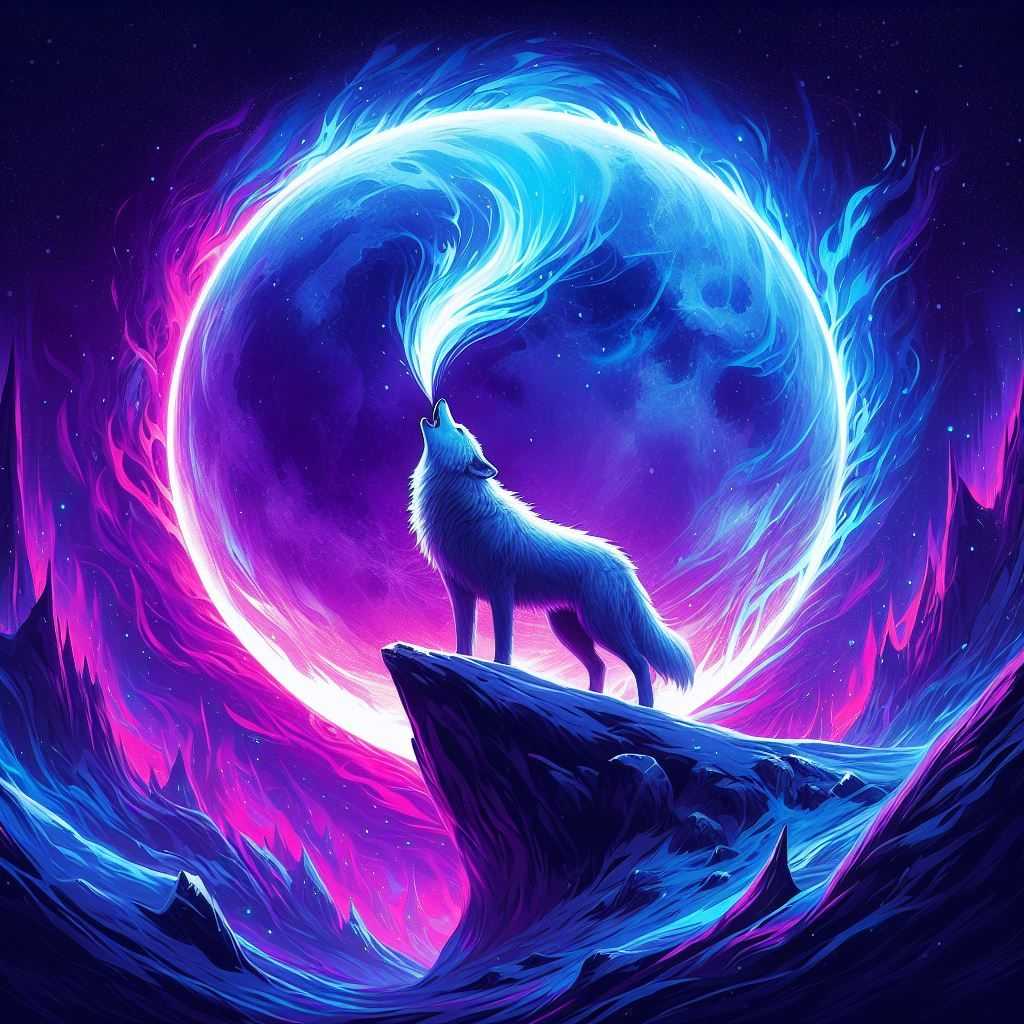 a wolf howling at a blue moon