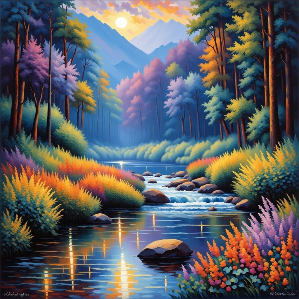 <lora:GatsbyFlux:1.0> Beautiful creek running through evenin...