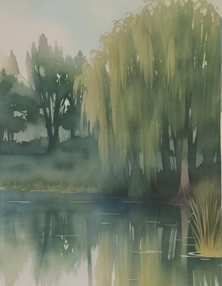 Reflections in Water, spreading green willow tree reflected ...