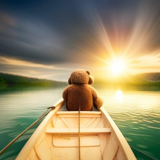 Luigi with a brown bear in a boat on a lake