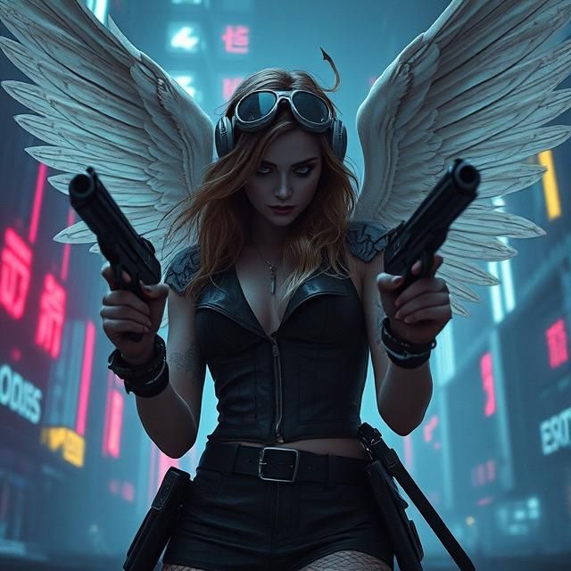 GOTHIC FEMALE ANGEL HOLDING TWO BERETTA PISTOLS IN A SHOOTOU...