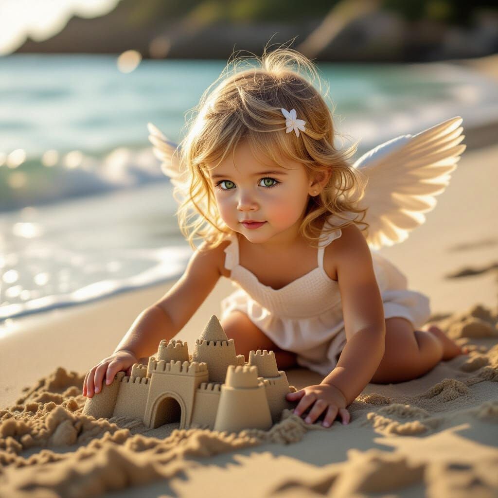 Angelic Girl Plays in Sandcastle at Golden Hour