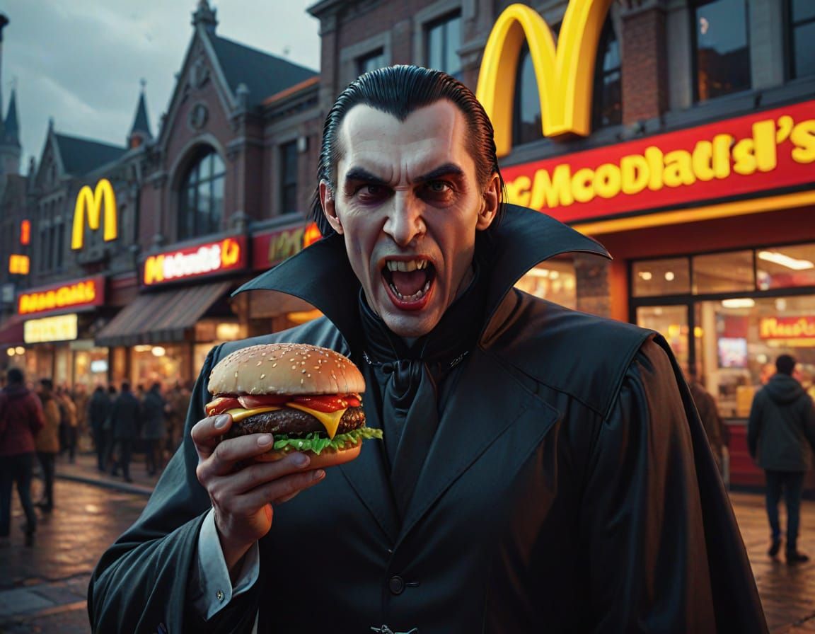 Count Dracula outside a Mcdonalds under the shops outside cover about to take a bite out of his Burger ...  by @Brian
