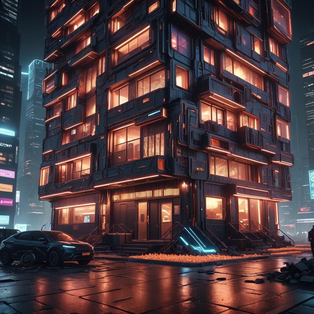 Futuristic Matchstick House in Sci-Fi Cityscape