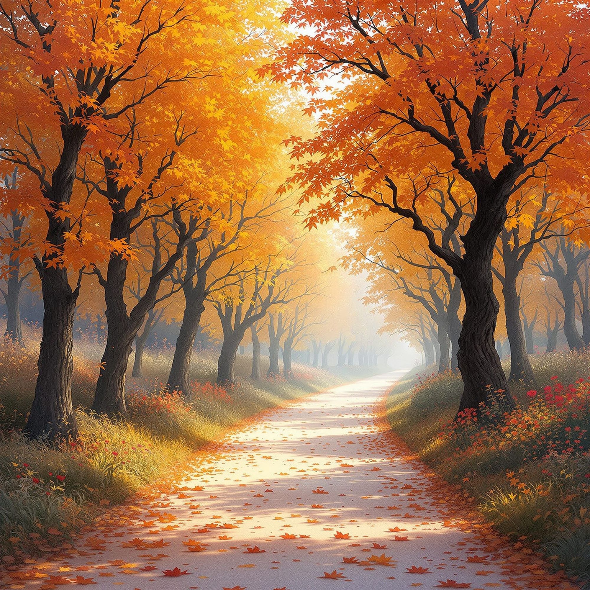 pretty autumn flowers under maple trees by Greg Rutkowski Unreal Engine Canaletto color gradient hyperrealism detailed painting romanticism ...