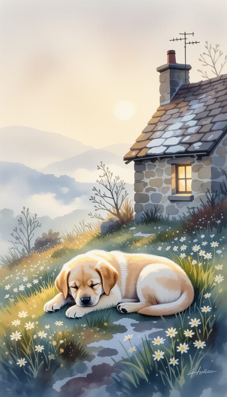 Dreamy Watercolour Labrador Puppy by Misty Cottage | T0RP3D0 2012 | NightCafe | Tranquil Pet Art