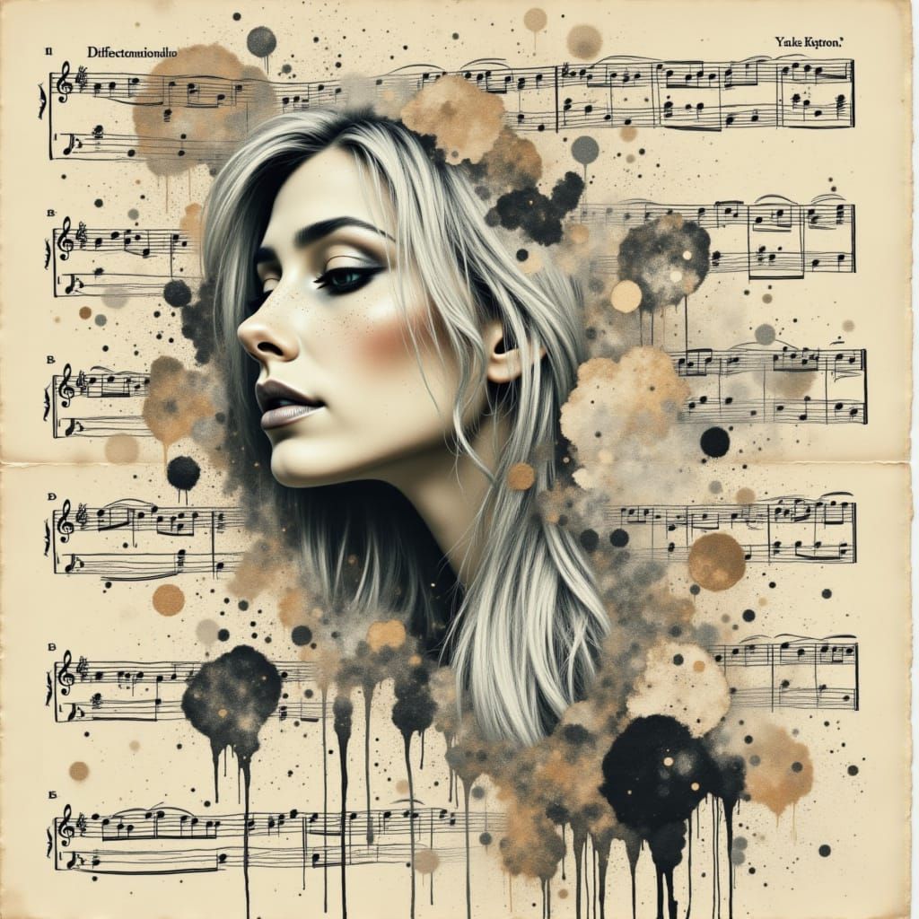 <lora:MusicPaperPortraits:1.0> Water-stained sheet music with a portrait of a silver-haired woman bleeding into the page. Ink spills flood t...